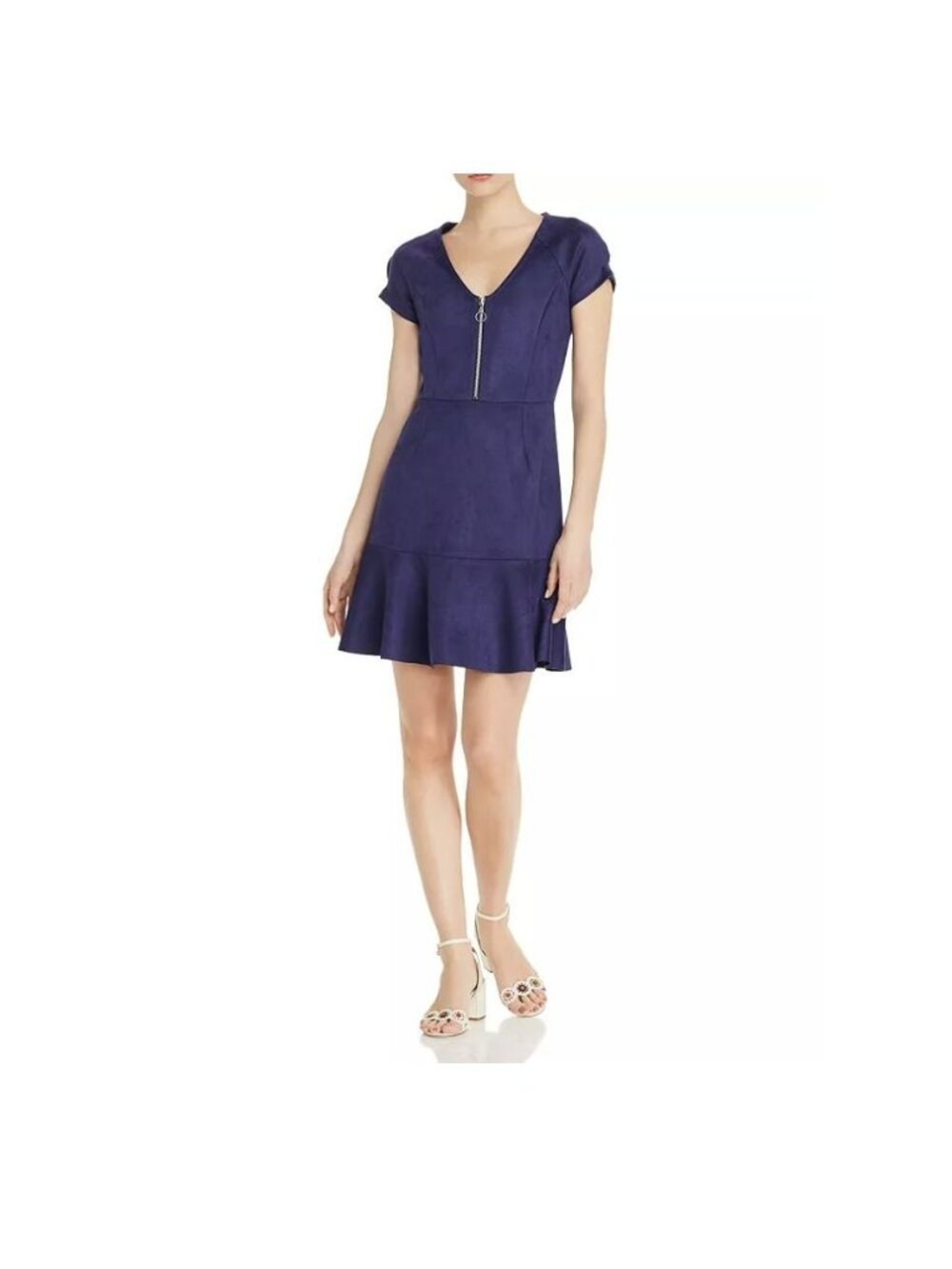 ❤️Aqua Womens Dress Sz S Faux Suede 3/4 Front Zip Navy Blue formal Career V-neck